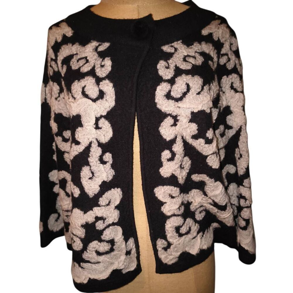 Heather B Sweater Women's Large Black Wool Blend Artsy Cardigan Open Front Snap